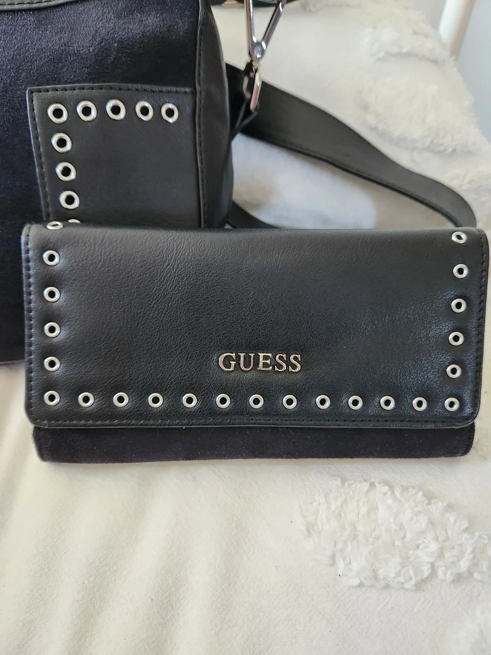 VINTAGE GUESS Black Suede & Leather Crossbody Bag with Matching Wallet